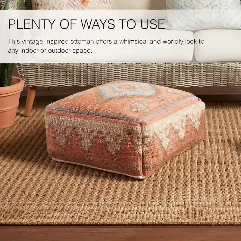 Square Pouf Ottoman Tribal Woven Footrest Orange Blue Boho Accent