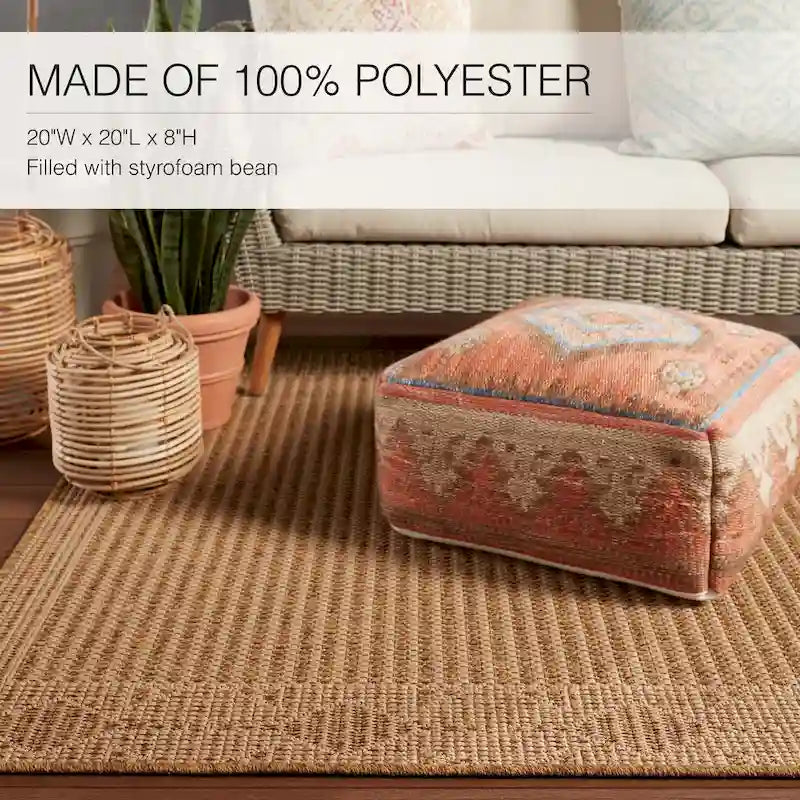 Square Pouf Ottoman Tribal Woven Footrest Orange Blue Boho Accent