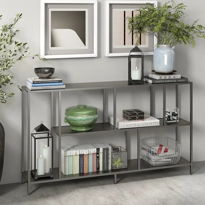 Minimalist Metal Frame Console Table with Open Shelves, Gunmetal & Black