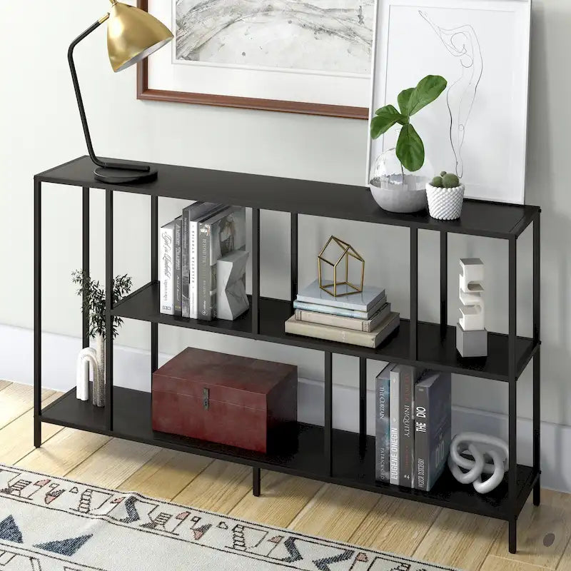 Minimalist Metal Frame Console Table with Open Shelves, Gunmetal & Black