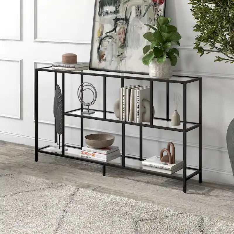 Minimalist Metal Frame Console Table with Open Shelves, Gunmetal & Black