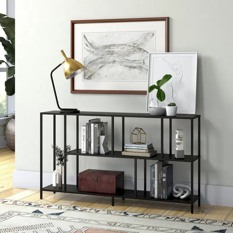 Minimalist Metal Frame Console Table with Open Shelves, Gunmetal & Black