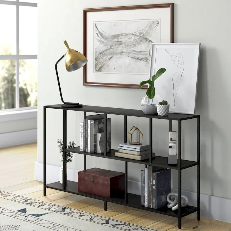 Minimalist Metal Frame Console Table with Open Shelves, Gunmetal & Black