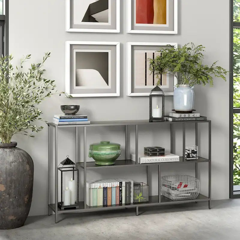 Minimalist Metal Frame Console Table with Open Shelves, Gunmetal & Black