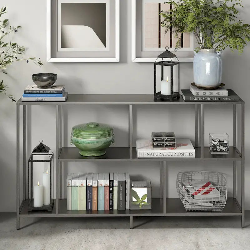 Minimalist Metal Frame Console Table with Open Shelves, Gunmetal & Black