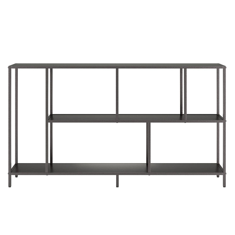 Minimalist Metal Frame Console Table with Open Shelves, Gunmetal & Black
