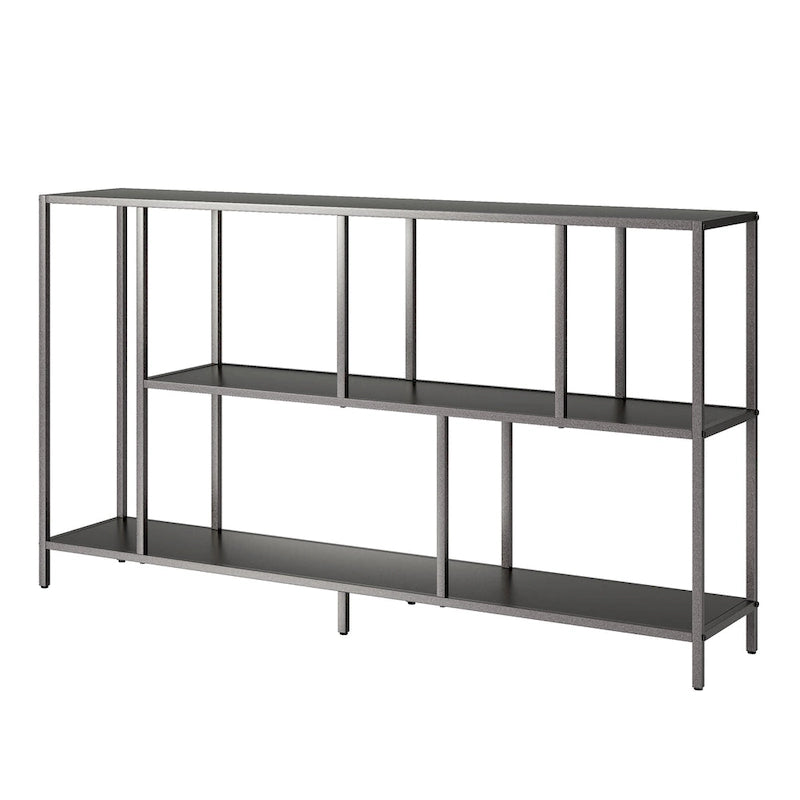 Minimalist Metal Frame Console Table with Open Shelves, Gunmetal & Black