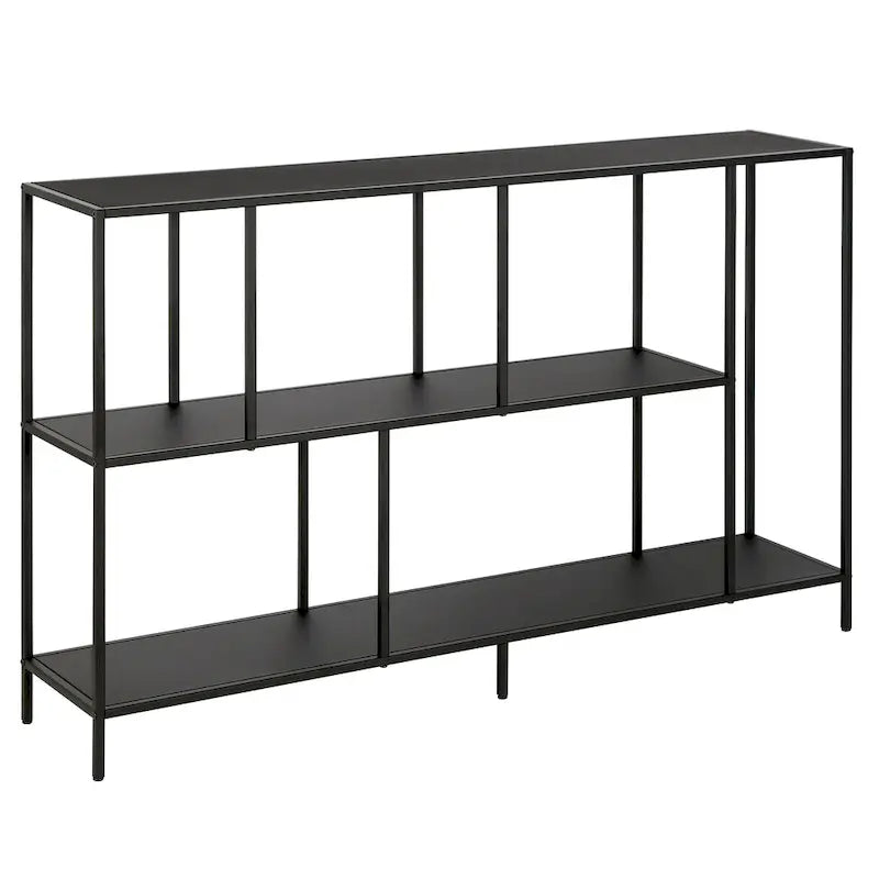 Minimalist Metal Frame Console Table with Open Shelves, Gunmetal & Black