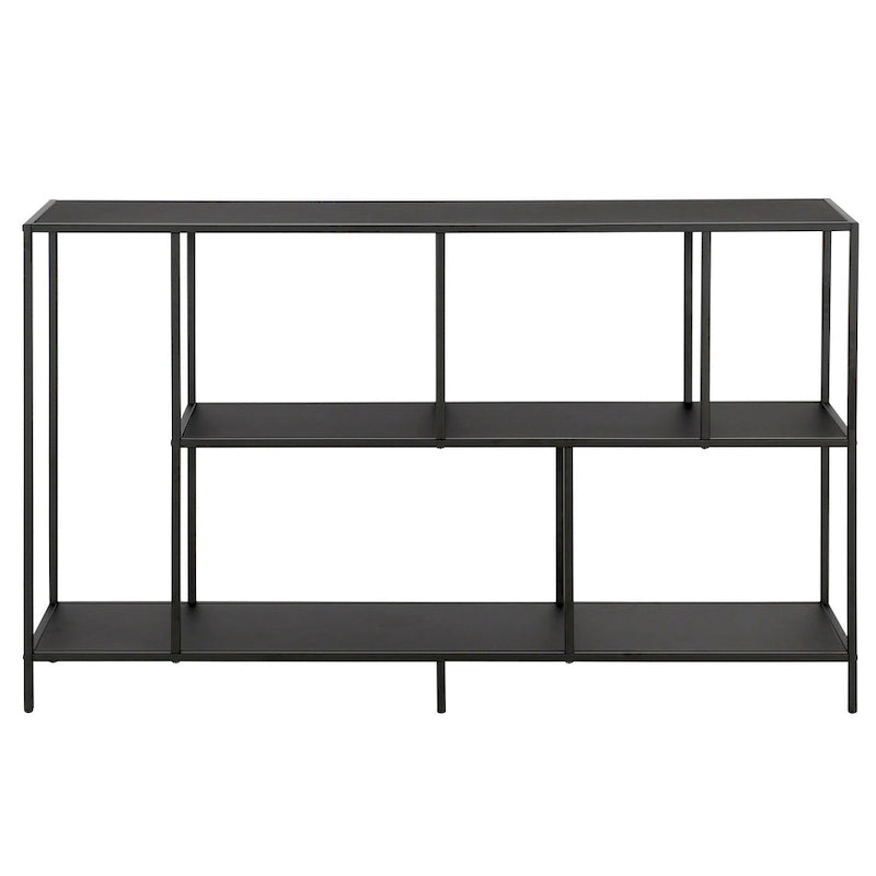 Minimalist Metal Frame Console Table with Open Shelves, Gunmetal & Black