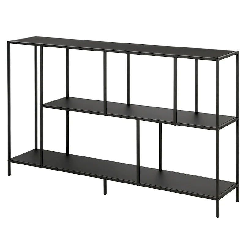 Minimalist Metal Frame Console Table with Open Shelves, Gunmetal & Black