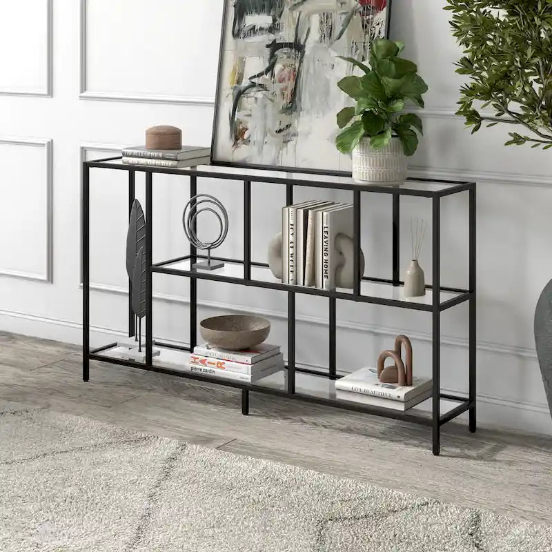Minimalist Metal Frame Console Table with Open Shelves, Gunmetal & Black