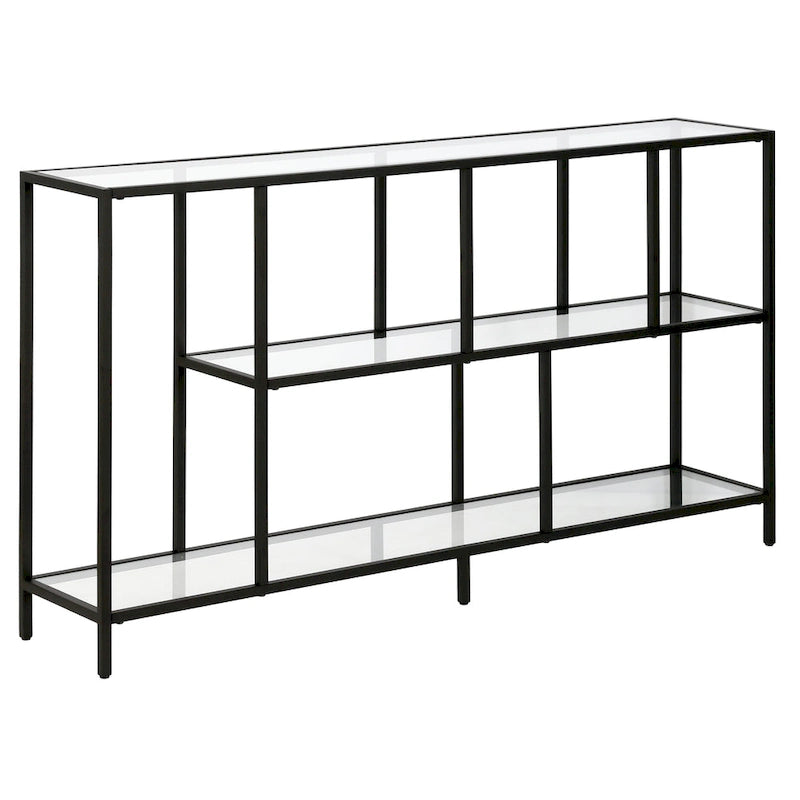Minimalist Metal Frame Console Table with Open Shelves, Gunmetal & Black