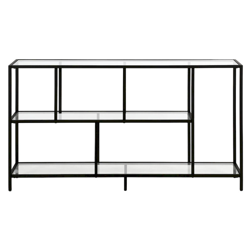 Minimalist Metal Frame Console Table with Open Shelves, Gunmetal & Black