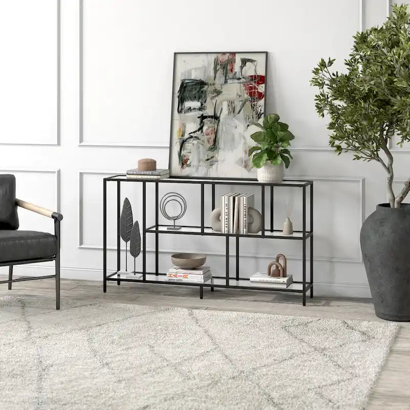 Minimalist Metal Frame Console Table with Open Shelves, Gunmetal & Black