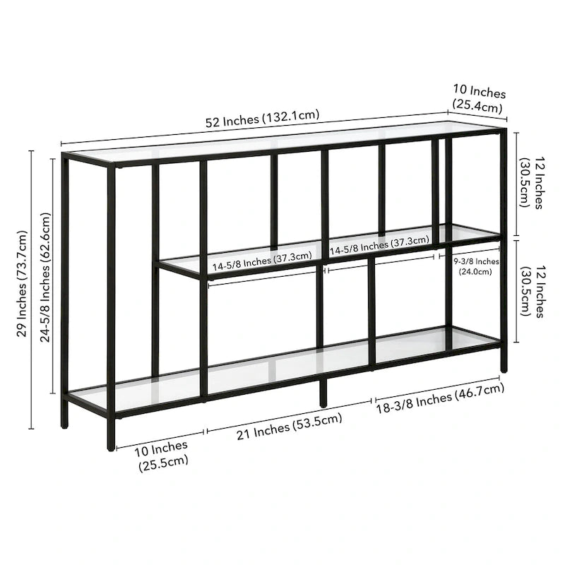 Minimalist Metal Frame Console Table with Open Shelves, Gunmetal & Black