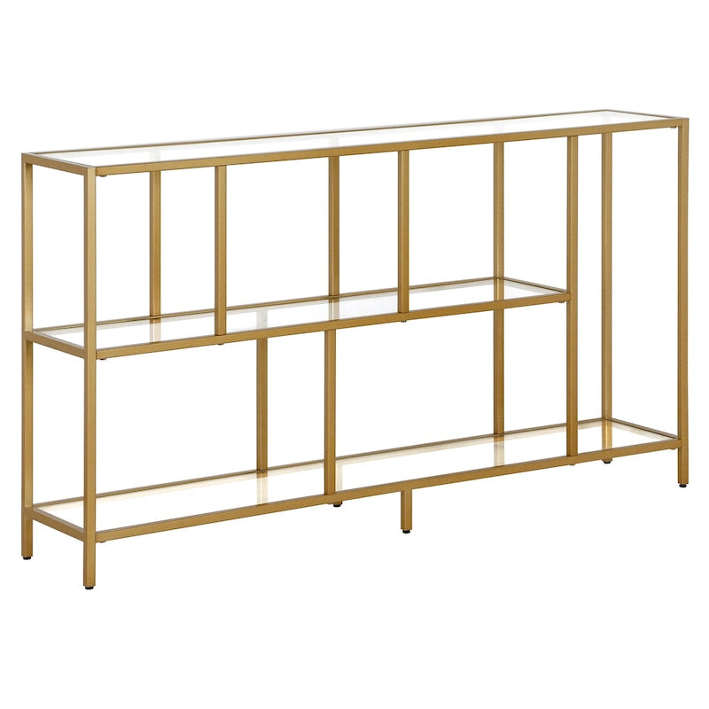 Minimalist Metal Frame Console Table with Open Shelves, Gunmetal & Black