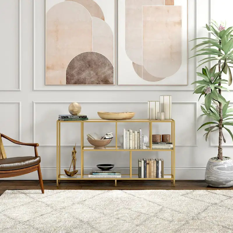 Minimalist Metal Frame Console Table with Open Shelves, Gunmetal & Black