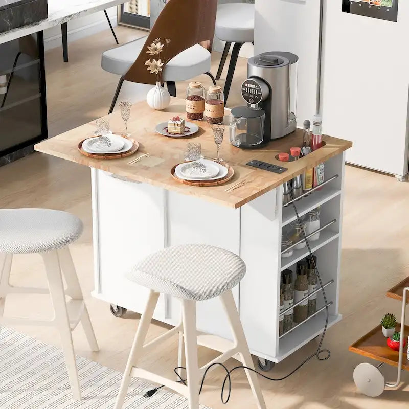 Kitchen Storage Island with Drop Leaf and Power Outlet