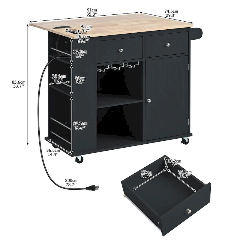 Kitchen Storage Island with Drop Leaf and Power Outlet