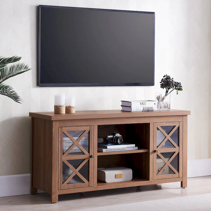 Modern Farmhouse Wood TV Stand with Cross-Accent Cabinet Doors Multi-Color
