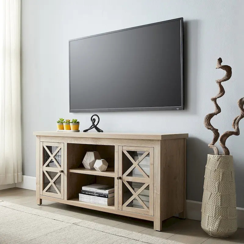 Modern Farmhouse Wood TV Stand with Cross-Accent Cabinet Doors Multi-Color