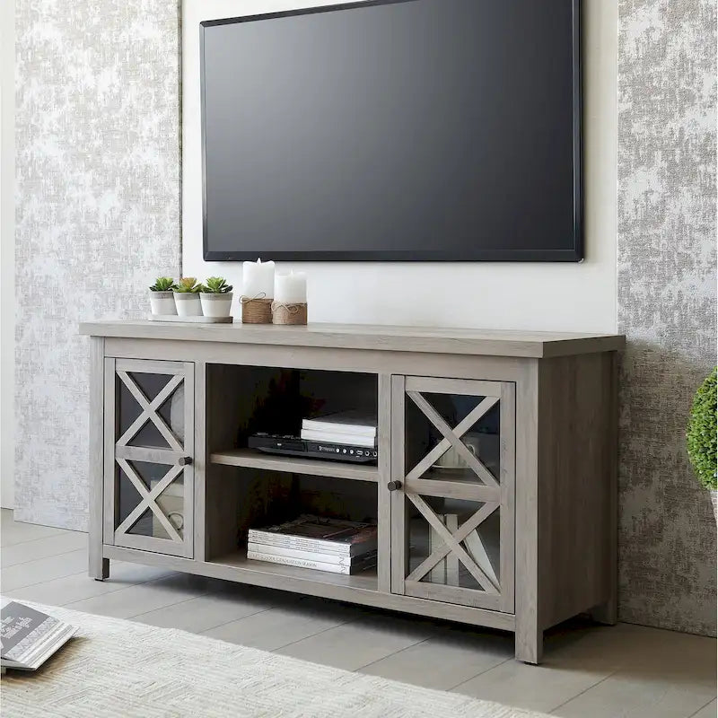 Modern Farmhouse Wood TV Stand with Cross-Accent Cabinet Doors Multi-Color