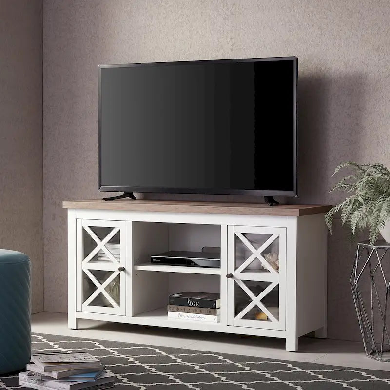 Modern Farmhouse Wood TV Stand with Cross-Accent Cabinet Doors Multi-Color