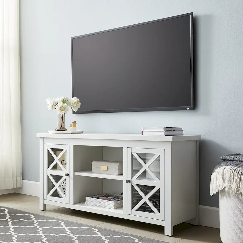 Modern Farmhouse Wood TV Stand with Cross-Accent Cabinet Doors Multi-Color