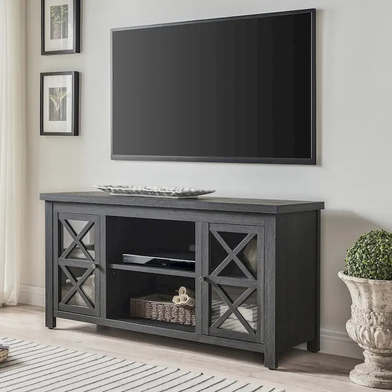 Modern Farmhouse Wood TV Stand with Cross-Accent Cabinet Doors Multi-Color