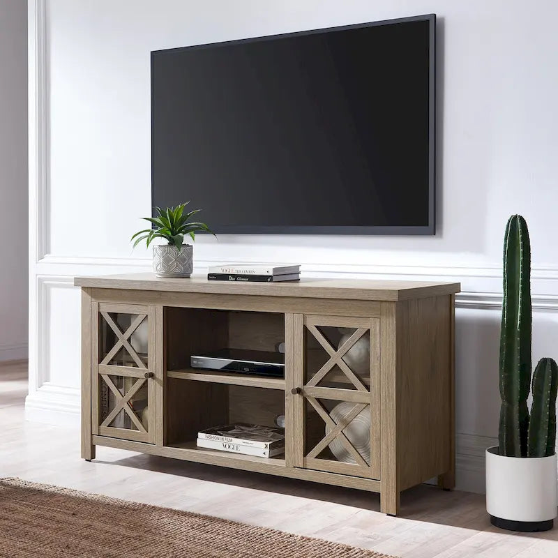 Modern Farmhouse Wood TV Stand with Cross-Accent Cabinet Doors Multi-Color