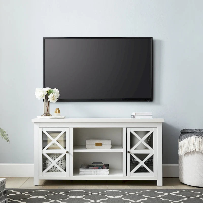 Modern Farmhouse Wood TV Stand with Cross-Accent Cabinet Doors Multi-Color