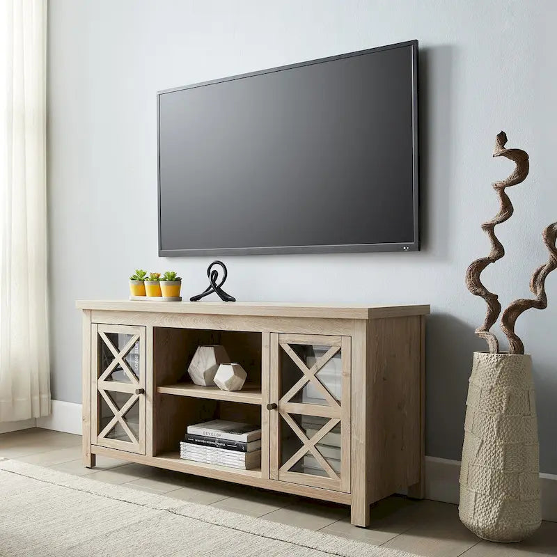 Modern Farmhouse Wood TV Stand with Cross-Accent Cabinet Doors Multi-Color