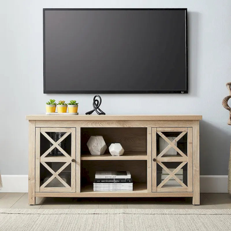 Modern Farmhouse Wood TV Stand with Cross-Accent Cabinet Doors Multi-Color
