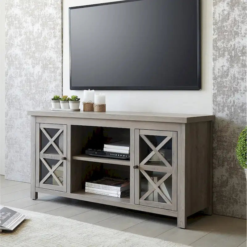 Modern Farmhouse Wood TV Stand with Cross-Accent Cabinet Doors Multi-Color