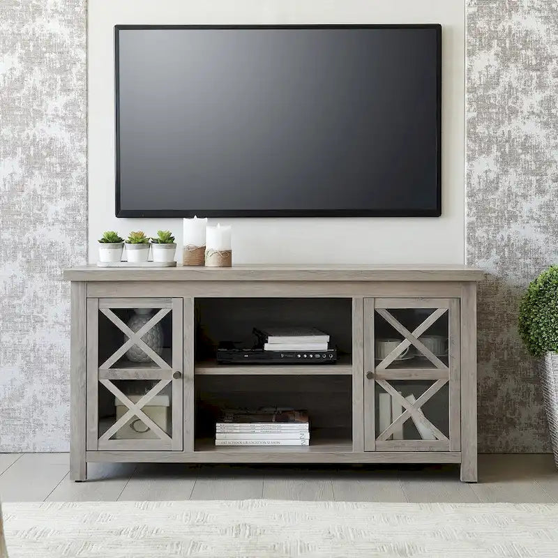 Modern Farmhouse Wood TV Stand with Cross-Accent Cabinet Doors Multi-Color