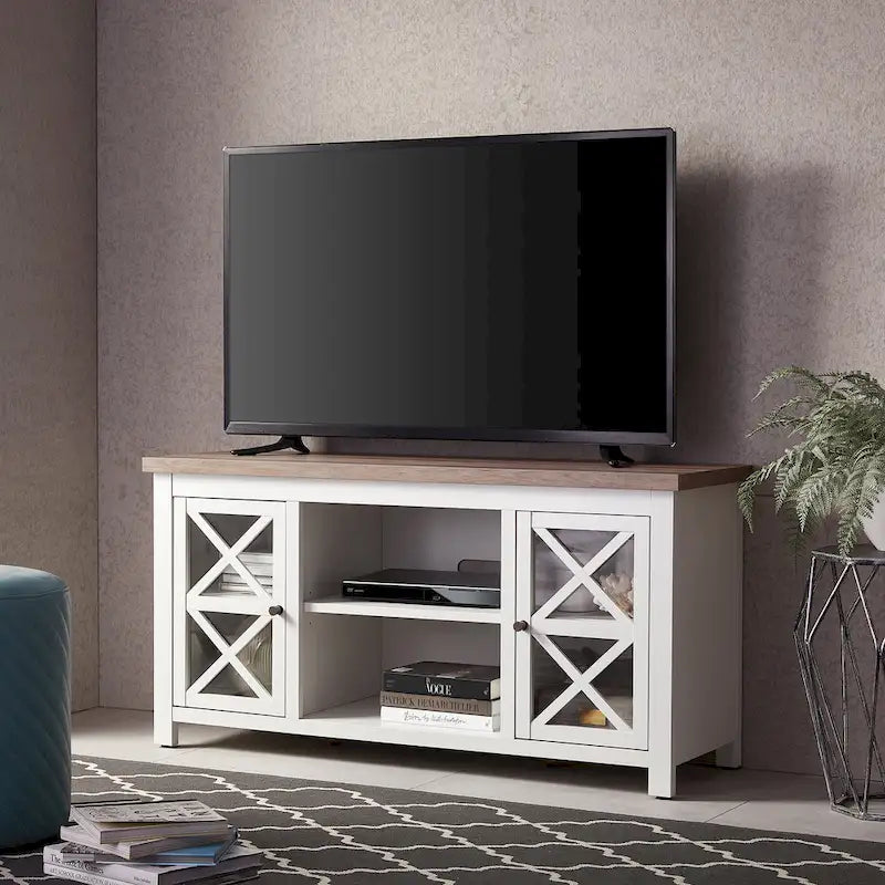 Modern Farmhouse Wood TV Stand with Cross-Accent Cabinet Doors Multi-Color