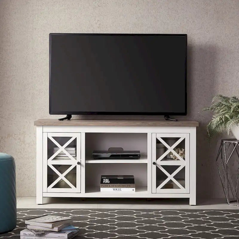 Modern Farmhouse Wood TV Stand with Cross-Accent Cabinet Doors Multi-Color