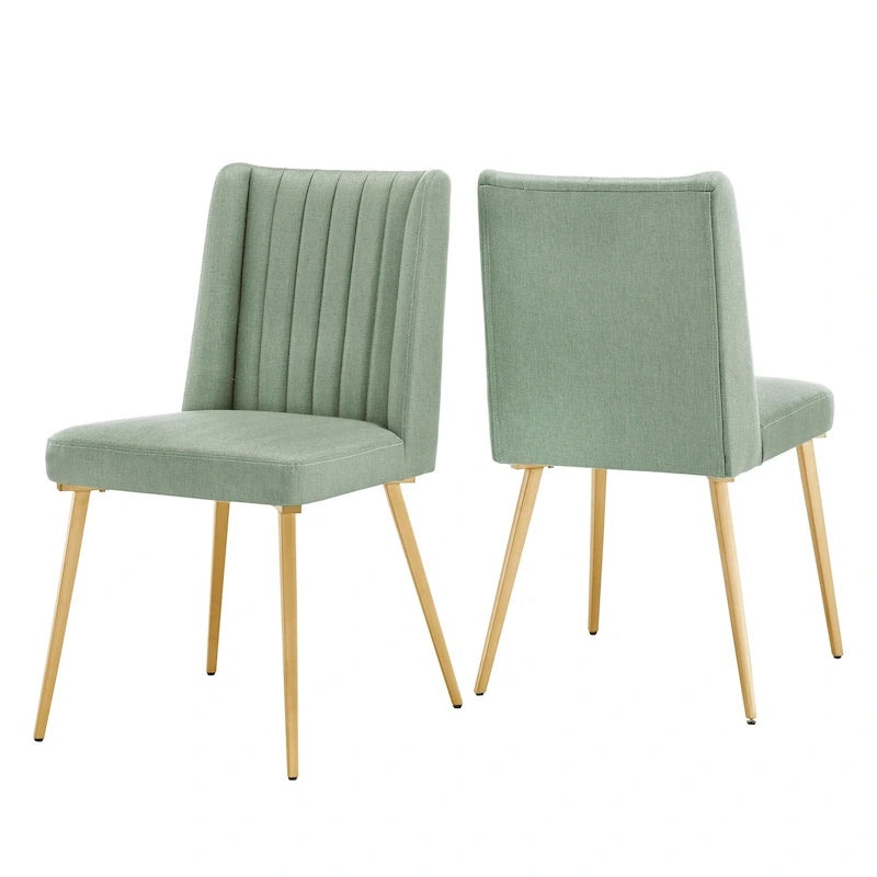 Gold Finish Herringbone Fabric Upholstered Dining Chair with Ridged Back