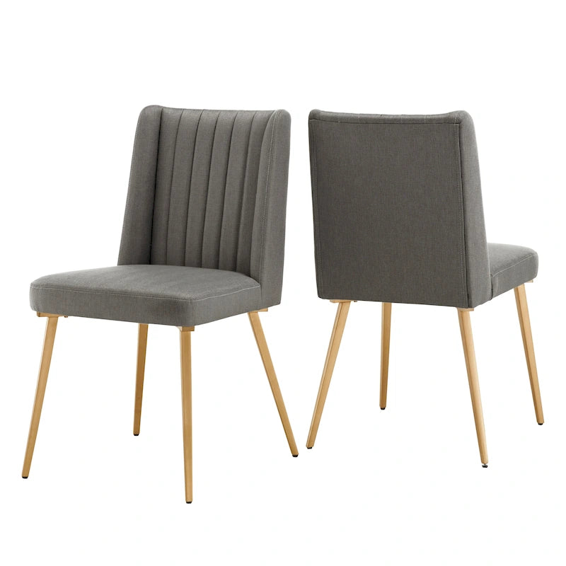 Gold Finish Herringbone Fabric Upholstered Dining Chair with Ridged Back