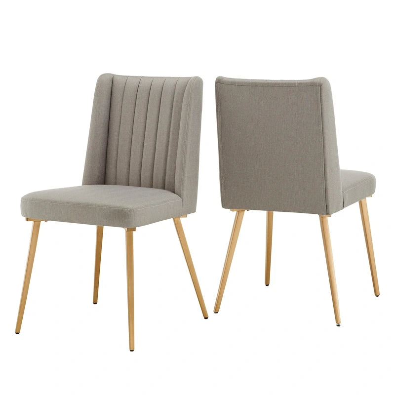 Gold Finish Herringbone Fabric Upholstered Dining Chair with Ridged Back
