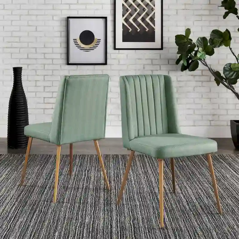 Gold Finish Herringbone Fabric Upholstered Dining Chair with Ridged Back
