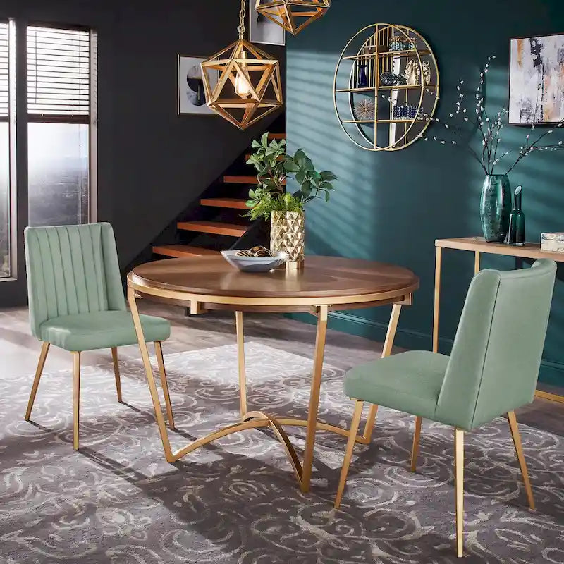 Gold Finish Herringbone Fabric Upholstered Dining Chair with Ridged Back
