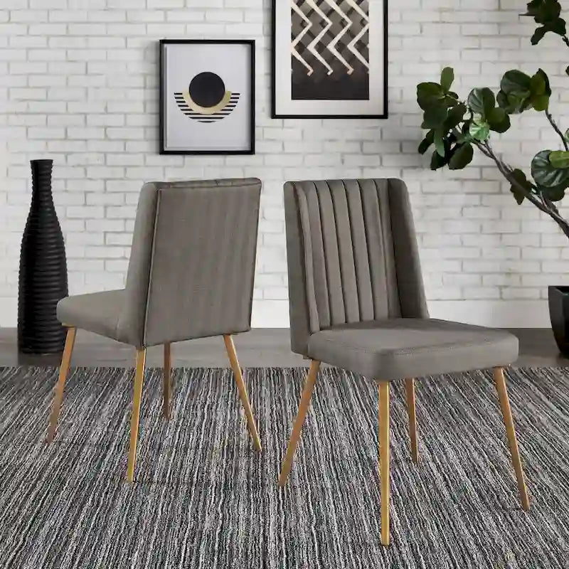 Gold Finish Herringbone Fabric Upholstered Dining Chair with Ridged Back