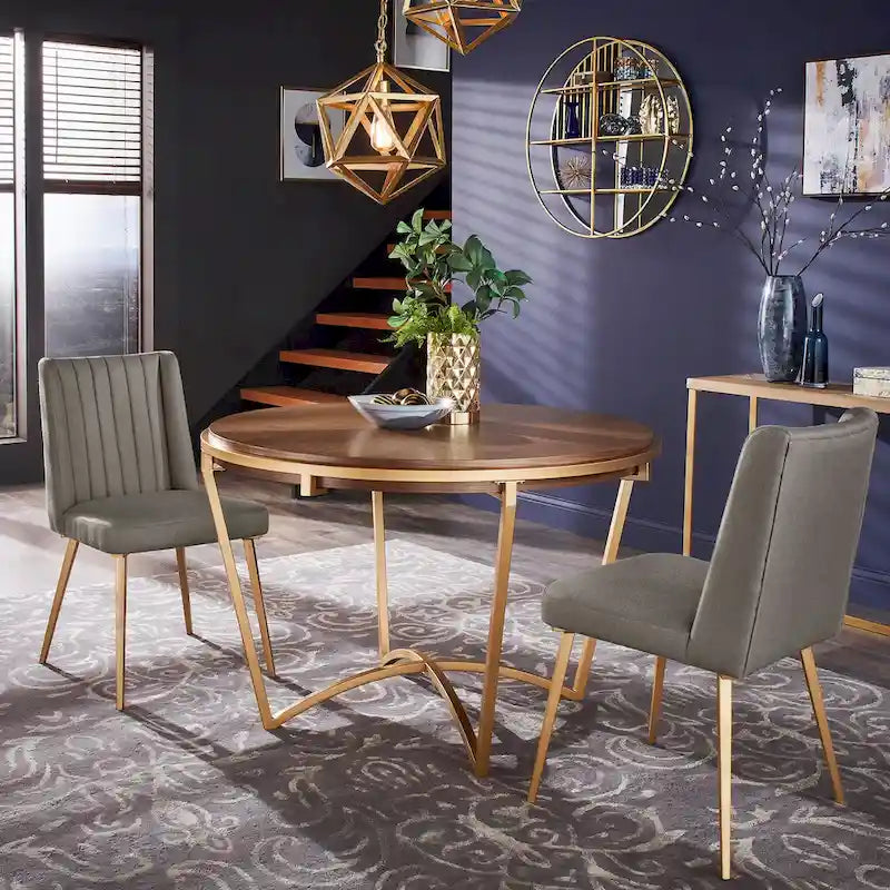 Gold Finish Herringbone Fabric Upholstered Dining Chair with Ridged Back