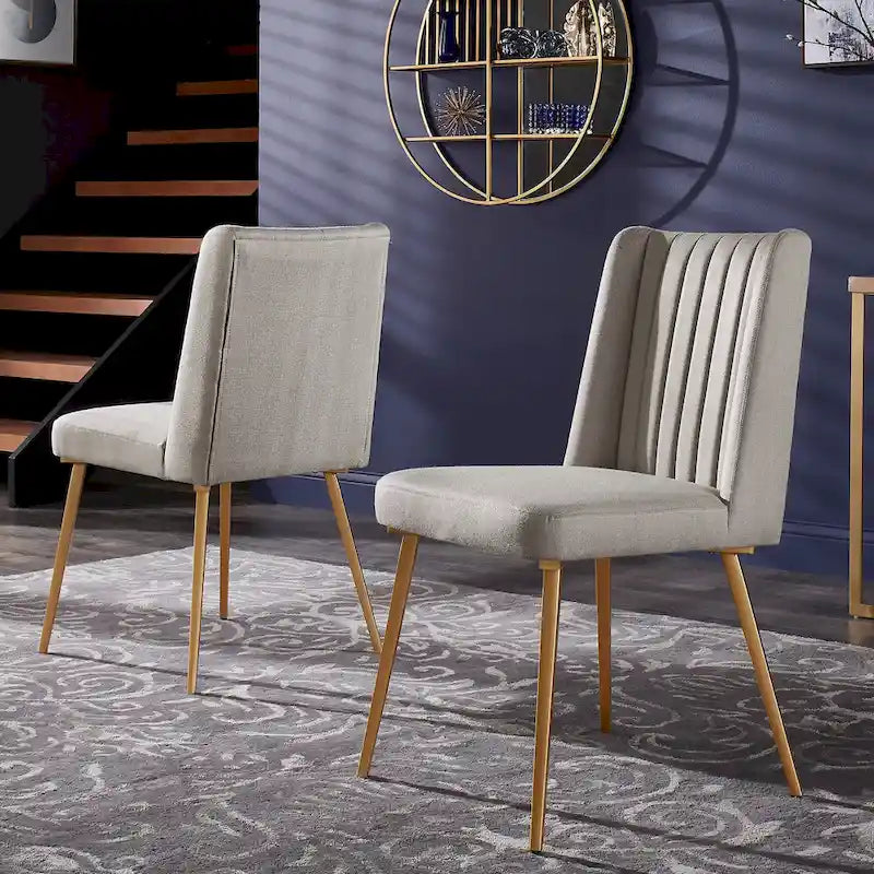 Gold Finish Herringbone Fabric Upholstered Dining Chair with Ridged Back