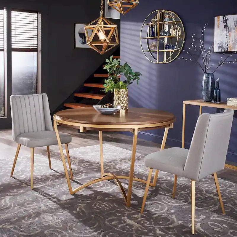 Gold Finish Herringbone Fabric Upholstered Dining Chair with Ridged Back