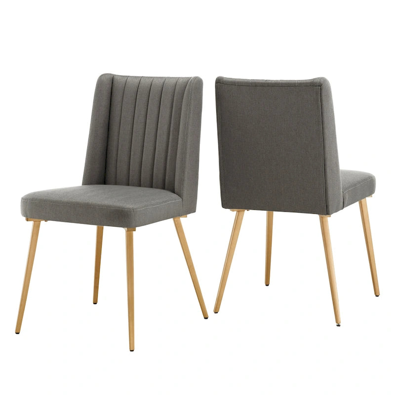 Gold Finish Herringbone Fabric Upholstered Dining Chair with Ridged Back