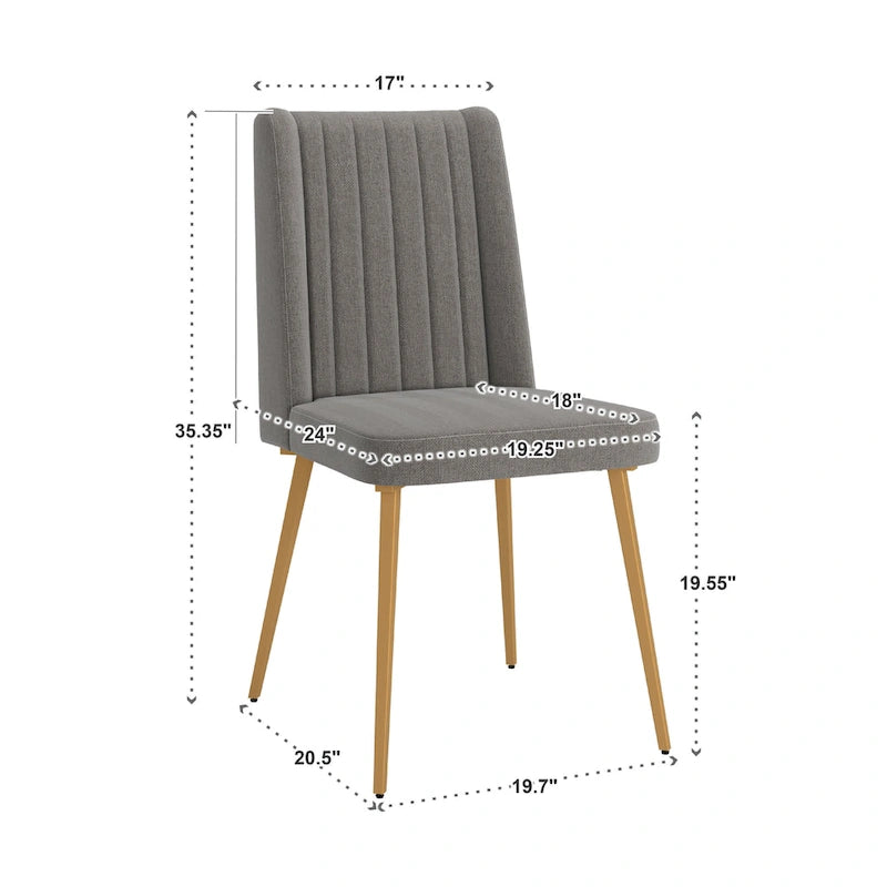 Gold Finish Herringbone Fabric Upholstered Dining Chair with Ridged Back