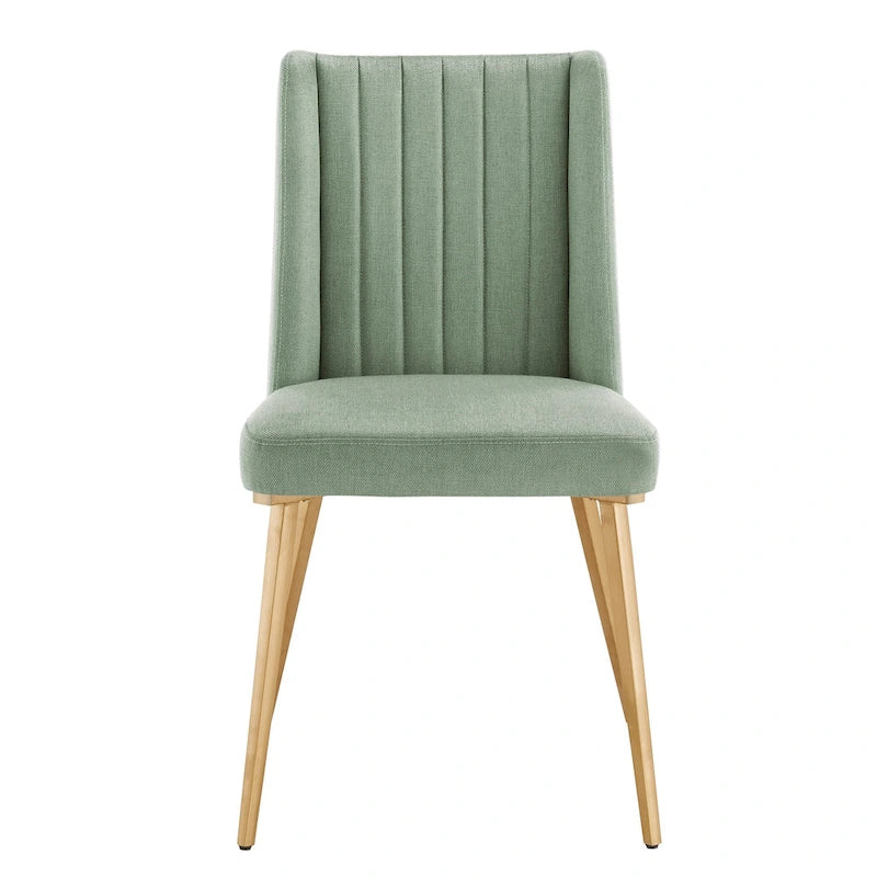 Gold Finish Herringbone Fabric Upholstered Dining Chair with Ridged Back