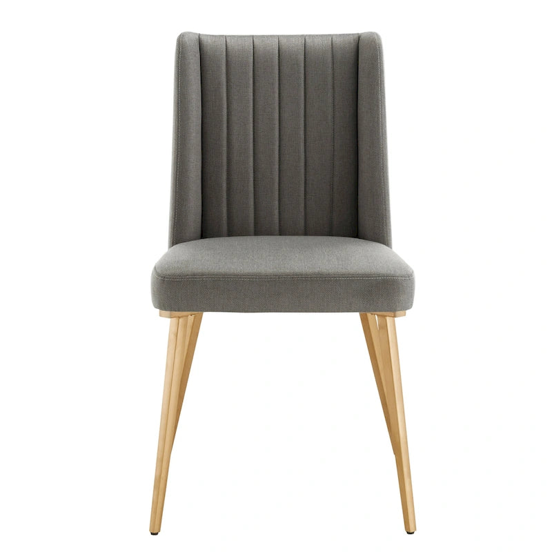 Gold Finish Herringbone Fabric Upholstered Dining Chair with Ridged Back